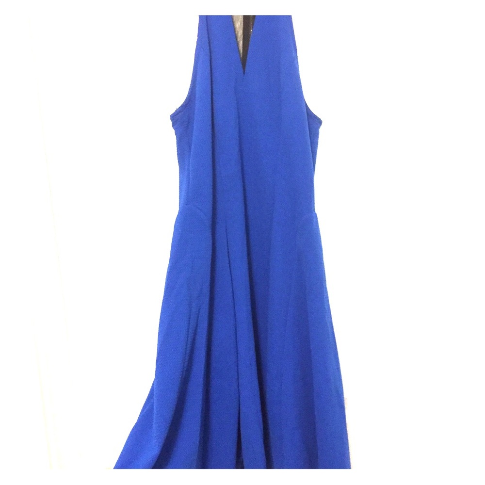 Small Blue Halter mesh V stretch flare dress